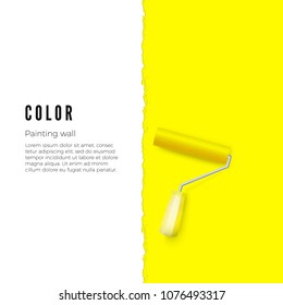 Paint roller with yellow paint and space for text or other design on vertical wall. Vector illustration