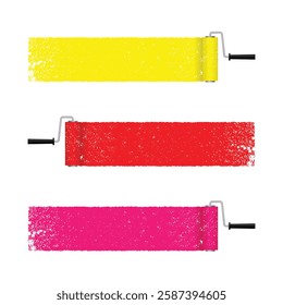 Paint rollers applying vibrant yellow, red, and pink paint, ideal for creative designs, DIY themes, or artistic projects.