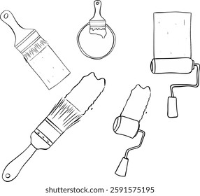Paint rollers and brushes with strokes set. Vector graphic line ink composition isolated on transparent background

