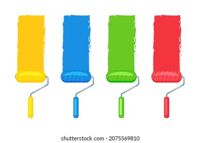 Paint rollers in different colors with paint marks. Vector illustration isolated on white.