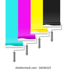 Paint rollers drawing CMYK stripes. Vector illustration.