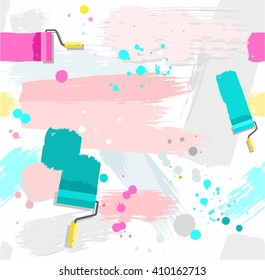 Paint rollers with paint, seamless background. Pink and green spots and stripes on a white background. Traces of paint roller and brushes, blots and drops. Vector seamless background. Color, flat. 