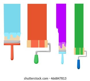 Paint rollers, vector illustration. Paint bucket and brush Interior design, repair concept.