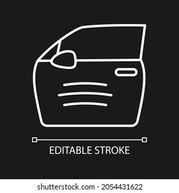 Paint scratch on car white linear icon for dark theme. Small dents on vehicle surface. Thin line customizable illustration. Isolated vector contour symbol for night mode. Editable stroke