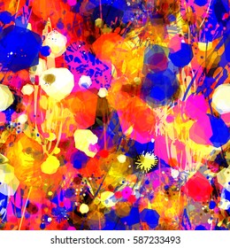 Paint seamless texture with blue, yellow, red, purple, orange spots and strokes. Abstract vector background