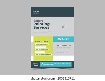 Paint service flyer design template. Commercial real estate painting service poster leaflet design. Paint worker service flyer design templat