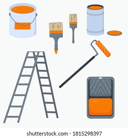 Paint set with brushes, roller, can, bucket, paint tray and ladder. Vector illustration for repair theme