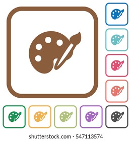 Paint simple icons in color rounded square frames on white background