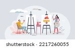 Paint and sip as creative art entertainment for couple tiny person concept. Fun activity for carefree relaxation experience as watercolor painting and alcohol drinking combination vector illustration.
