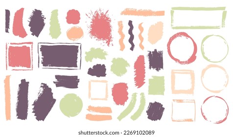 Paint sketch brushstroke vector set. Isolated border box sumi shapes. Blotch splash sale sticker background batch. Daub gouache splashes drawing.