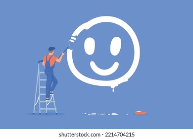 Paint smile concept. Psychology exercise optimal living, boy climbing ladder to painting fun face on wall, optimistic thinking mental therapy optimism energy, vector illustration of paint by character