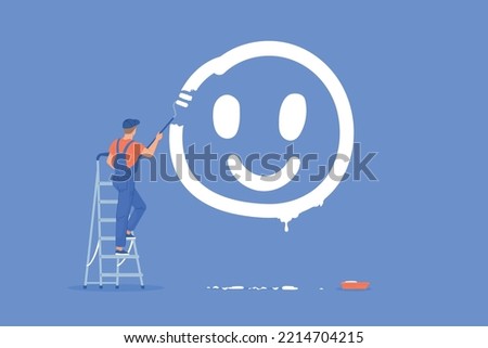 Paint smile concept. Psychology exercise optimal living, boy climbing ladder to painting fun face on wall, optimistic thinking mental therapy optimism energy, vector illustration of paint by character