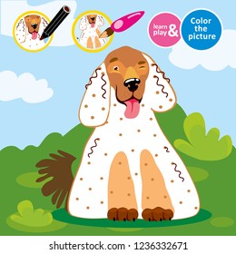 Paint spaniel dog in color. Game for small children. Develop care drawing skills with game. Coloring. For childrens magazines.