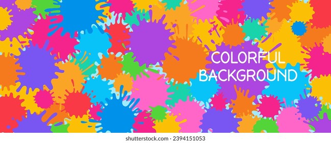 Paint splash colorful background for Holi festive. Bright banner with colored cartoon splatter, stain and splat, liquids drop. Greeting poster or party invitation mockup template vector illustration