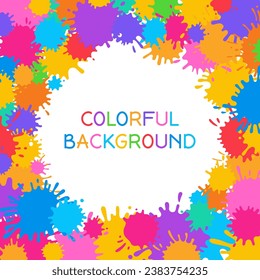 Pintura salpicar el fondo del marco colorido para el festival Holi. Banner brillante con bandeja de dibujos animados de color, mancha y salpicaduras, líquidos que dejan el borde. Plantilla vectorial de simulación de anuncios de bienvenida o invitación de grupo