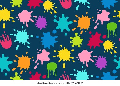 Paint splash colorful seamless pattern. Round ink flat splatter, decorative shapes liquids. Grunge splashes, drops, spatters cartoon background style. Holi spring festival. Vector illustration