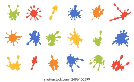 Paint splash colorful shapes Collection. Set of Flat ink splatter, liquids spreading. Vector illustration isolated on white background