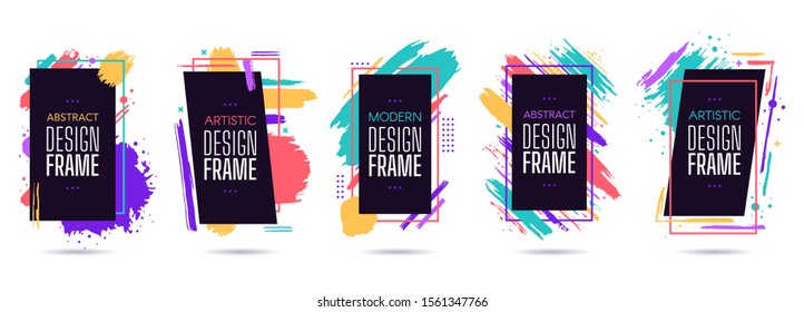 Paint splash Design Rahmen. Grafische Malerei, moderne Kunst, dynamische Rahmen, geometrische bunte künstlerische Elemente, Rahmen Design Vektor isoliert Set. Paket von kreativen Rahmen mit bunten Pinselstrichen