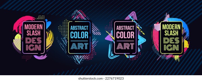 Paint splash flyers, color frames. Ornament texture for music art, abstract motivation posters, layout with lights and paint splashes, copy space for text. Vector current graphic design set