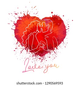 Paint splash heart vector color illustration. Love watercolor splatters drawing. Romantic hand drawn grunge red clipart. Valentine Day, wedding greeting card isolated colorful design element