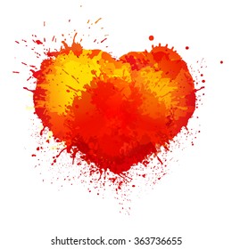 Paint splash heart vector color illustration. Love watercolor splatters drawing. Romantic hand drawn grunge red clipart. Valentine Day, wedding greeting card isolated colorful design element