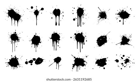 Paint Splash Ink Drips Illustrations Set. Spray Blots Splashes Black Graffiti Brush Strokes Vector Inkblot Spots Collection. Inky Grunge Texture Design Elements with Dirty Dusty Effect. Liquid Blobs