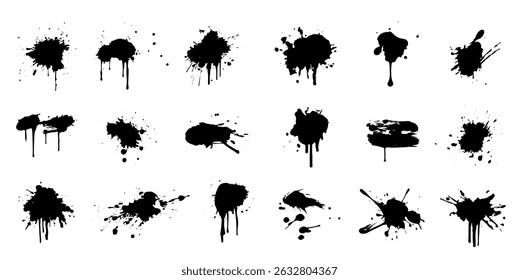 Paint Splash Ink Drips Illustrations Set. Spray Blots Splashes Black Graffiti Brush Strokes Vector Inkblot Spots Collection. Inky Grunge Texture Design Elements with Dirty Dusty Effect. Liquid Blobs