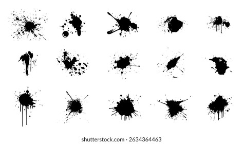 Conjunto de Ilustraciones de goteo de tinta de salpicadura de pintura. Spray Blots Splashes Black Graffiti Brush Strokes Vector Inkblot Spots Colección. Elementos de diseño de textura Grunge de tinta con efecto Dirty Dusty. Gotas de líquido