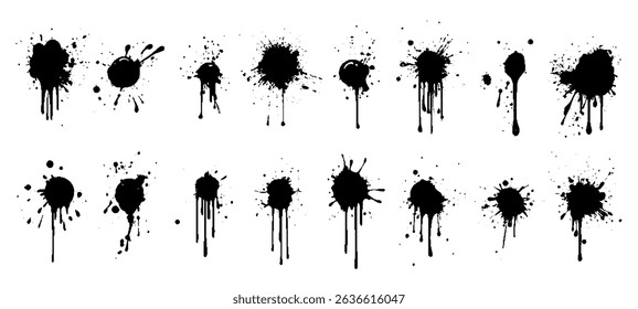 Paint Splash Ink Drips Illustrations Set. Spray Blots Splashes Black Graffiti Brush Strokes Vector Inkblot Spots Collection. Inky Grunge Texture Design Elements with Dirty Dusty Effect. Liquid Blobs