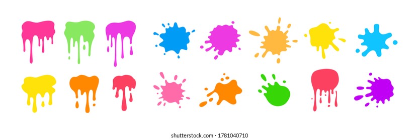 Paint Splash Shape Colorful Set. Round Ink Splatter Flat Collection, Decorative Shapes Liquids. Grunge Splashes, Drops, Spatters Cartoon Style. Stain Colored Collection. Isolated Vector Illustration