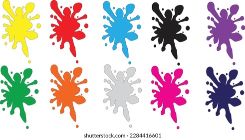 Paint splash shape colorful set. Round ink splatter flat collection, decorative shapes liquids. Grunge splashes, drops, spatters cartoon style. Stain colored collection. Isolated vector illustration