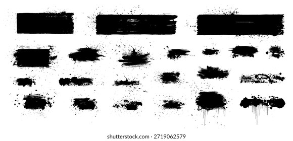 Farbspritzspritzer-Tintenbürstenblock-Set. Schwarze Sprühflecken mit farbigen Vektorgrafiken. Hintergrundtextur mit Aquarellfleck und Tropfen. Schmutzige Flecken, rauer Staub, Kornmuster. Abstrakte Graffiti-Kunst
