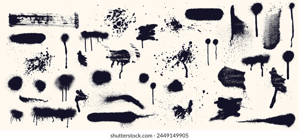 Paint splash, spray, ink elements for decor, drip big set. Black abstract flow splatter, ink marker squares and lines, grunge stain, vandalism art. Vector hand drawn aerosol brushstrokes.