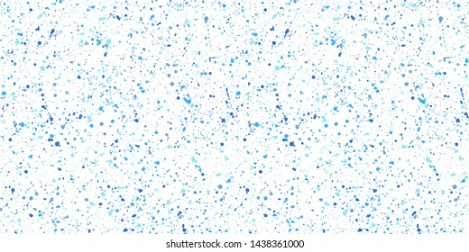 Paint Splash, Spray, Uneven Dots, Water Blobs, Snow, Snowflakes, Tiny Spots, Blots Seamless Vector Pattern. Chaotic Splatter, Spatter, Flecks, Specks Hand Drawn Background. Blue Colors Winter Texture.