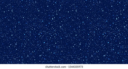 Paint splash, spray, uneven dots, hand drawn blobs, blots, spots seamless vector pattern. Chaotic splatter, spatter, flecks, specks dark blue colors background. Night sky with stars texture.