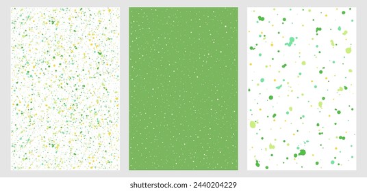 Paint splash, spray, uneven dots, blobs, tiny spots, blots seamless vector patterns set. Chaotic splatter, flecks, specks hand drawn backgrounds collection. Green colors spring, eco, vegan textures.