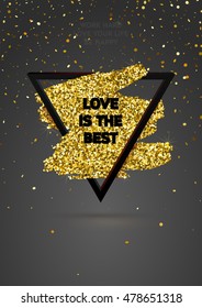 Paint Splash Triangle Background with Golden Glitter and Black Trendy Frame. Flyer, Posters, Cards and Covers Design.