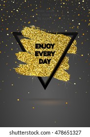 Paint Splash Triangle Background with Golden Glitter and Black Trendy Frame. Flyer, Posters, Cards and Covers Design.