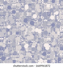 Paint splashed picture. Seamless camouflage with a checkered structure, including a scattering of small squares. Winter with blue colors.
