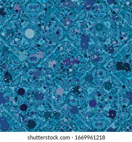  Paint splashed picture. Seamless pattern consisting of four-sided elements. Blue and violet colors.