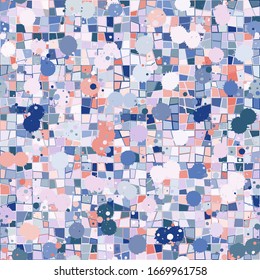 Paint splashed picture. Seamless pattern consisting of multi-colored obliquely cut squares with a stroke. Unusual fashionable camouflage.