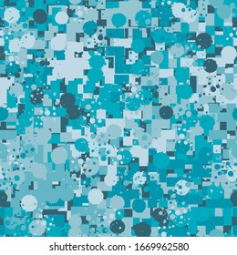  Paint splashed picture. Seamless pattern consisting of abstract figures formed from squares and four-beam stars. Shades of ice and blue. Editable.