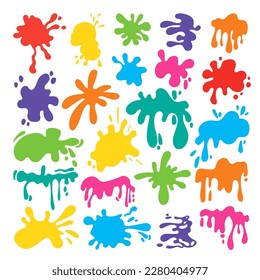 Paint splashes color blobs. Stain cartoon style, abstract isolated ink drops. Flat dripping liquid elements, art style stains neoteric vector elements