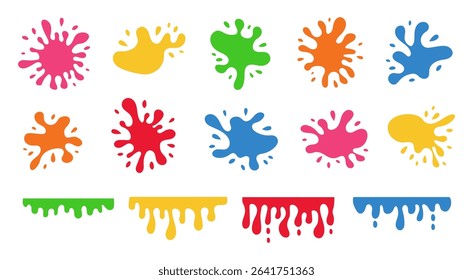 Paint splashes and drops. Set of different color paint blobs and blots.