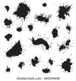 Paint splashes set for design use. Set of ink blots. Vector illustration. Black blobs on the white background. Splatter collection.