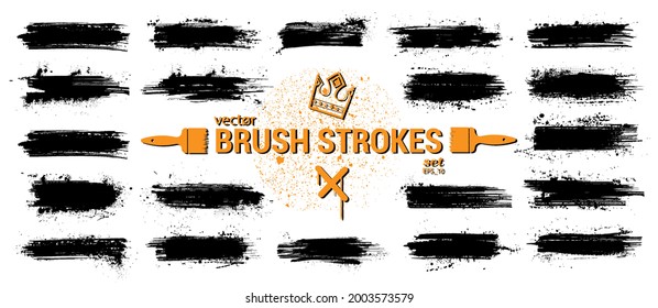 Paint splashes, stencil texture, paintbrush strokes set with ink splashes. Very detailed collection grunge brushes. Spray splash with drops blots. Isolated ink traces, strokes texture. Vector set