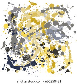 Paint splashes vector background. Black, yellow and grey drops and stains. Hand painted spots on white. Paint splash or splat, splattered ink, dirty blots artistic elements.