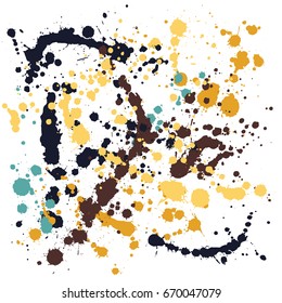 Paint splashes vector background. Black, yellow and blue drops and stains. Hand painted spots on white. Paint splash or splat, splattered ink, dirty blots artistic elements.