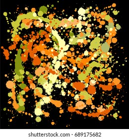 Paint splashes vector background with drops and stains. Hand painted ink spots - green and orange on black. Paint splatter or splat, dirty paint blots artistic elements, splattered ink. 