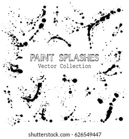 Paint splashes vector collection. Vector ink black drops and stains set. Hand painted grunge spots isolated on white. Paint splash or splat, splattered ink, dirty blots collection. Artistic elements.